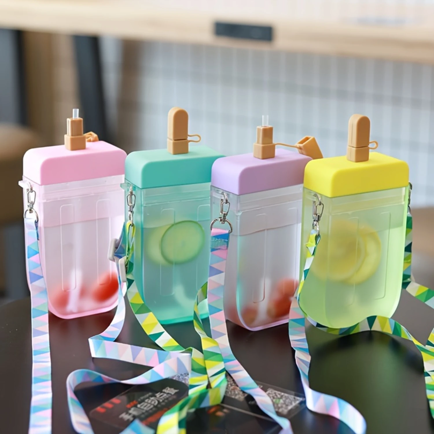 

300L/10.14oz Cute Popsicle Shape Water Bottle, Portable Water Cup With Straw And Sling, Outdoor Portable Water Cup