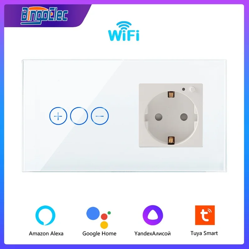 

Bingoelec Wifi Smart Dimmer Light Switches with EU Standard Wifi Wall EU Power Sockets Crystal Dimmable Wall Touch Switches