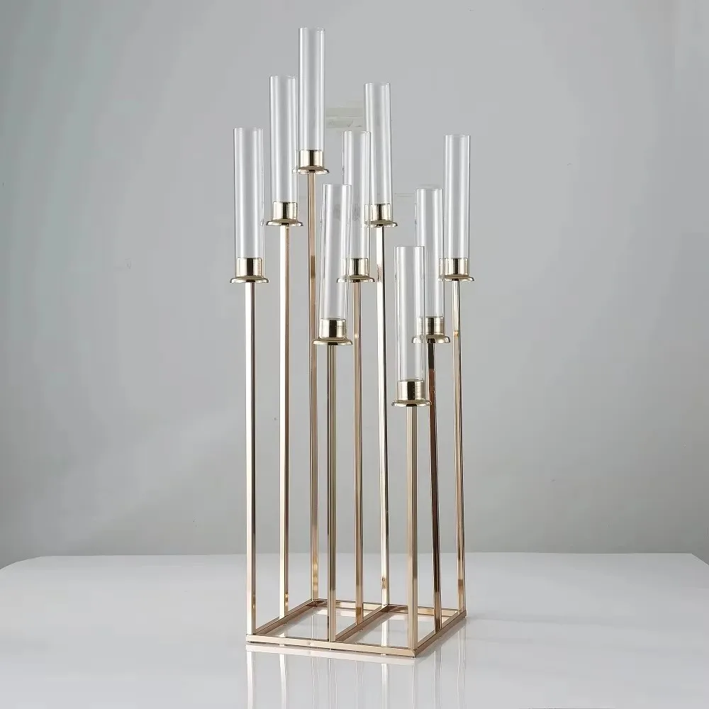 Acrylic Candle Holder for Wedding Stage Decoration, 8Heads, 9Heads, Gold, Pillar Candlestick, Metal Stand, 5Pcs, 10Pcs