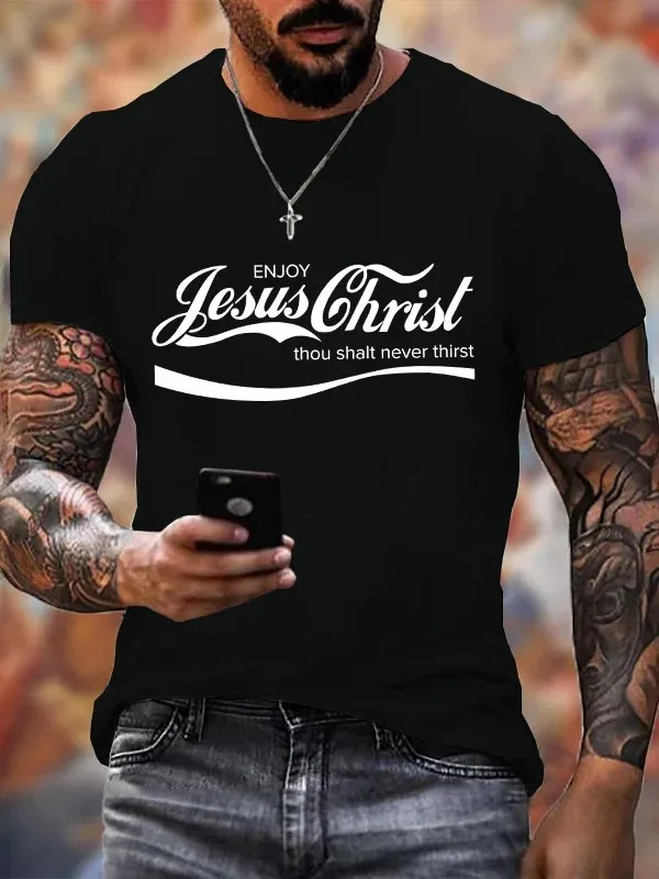 Men's Enjoy Jesus Christ Cotton Casual Text Letters Crew Neck T-Shirt