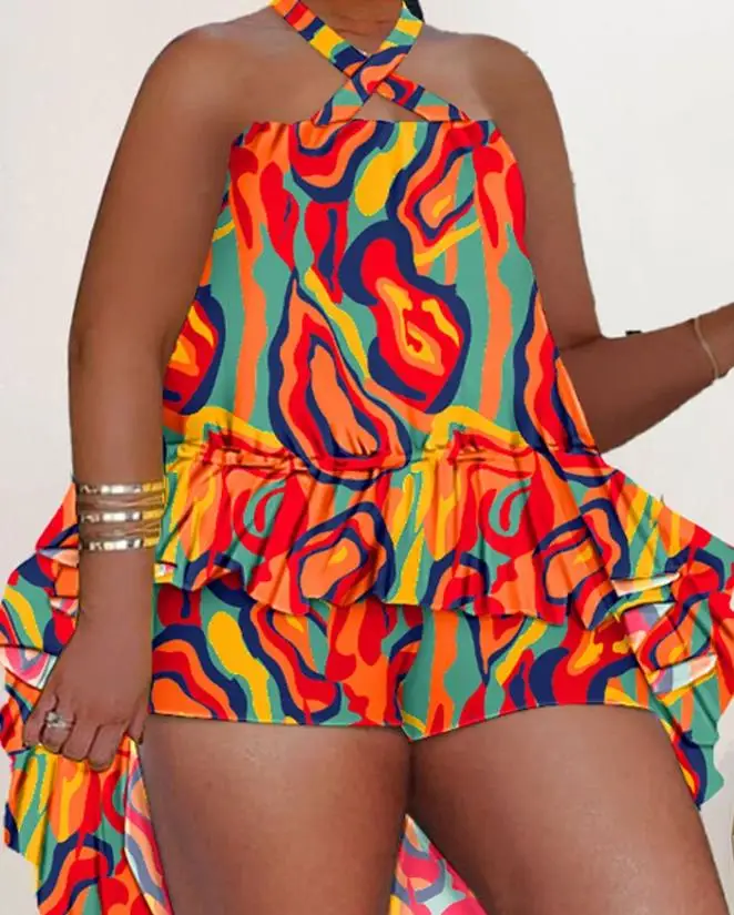 Women Fashion Suits 2024 Spring Summer Latest Casual Plus Size Multi-Color Abstract Print Asymmetrical Ruffles Top & Shorts Set