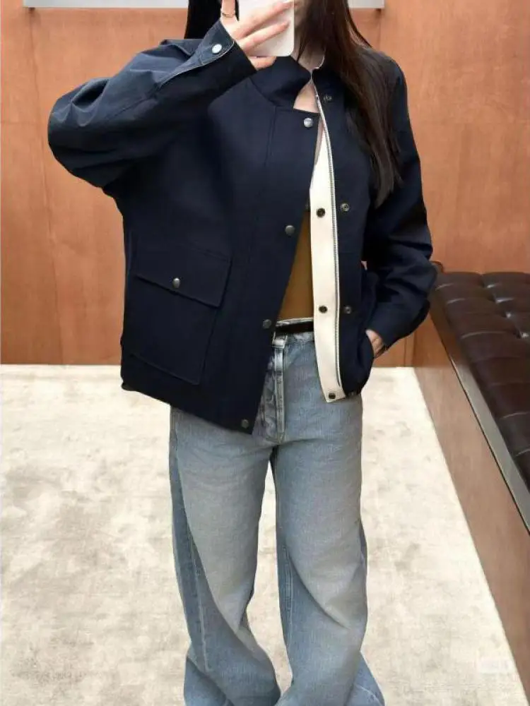 Casual Two-pocket Zipper Elegant Loose Collar Double-sided Wearing Spring And Summer 2026 Contrast Color Jacket For Women