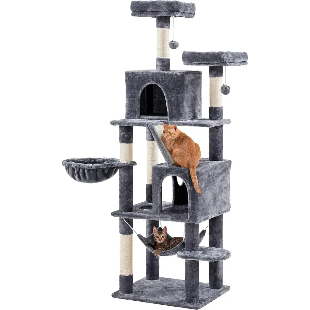 Multi-Level Cat Tree, 71.5in Tall Cat Tower with 2 Plush Condos, 2 Padded Perches, Hammock, Sisal Scratching Posts & Interactive