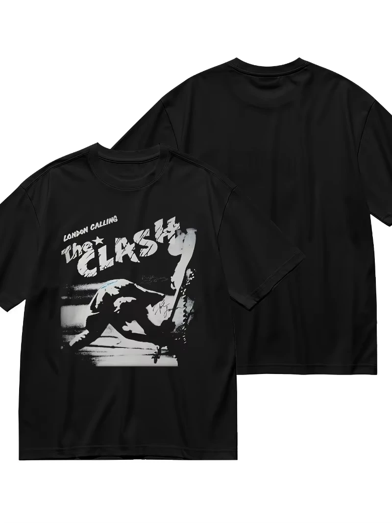 

Men's Black Punk Rock T-Shirt Vintage Band Pattern Printed 100% Cotton Short Sleeve Shirt Casual Crew Neck Top