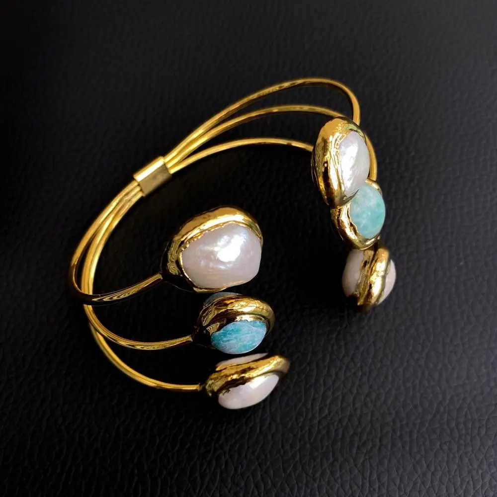 YYGEM 16x23mm Natural Green Amazonite Cultured White Pearl  Bangle Bracelet Handmade