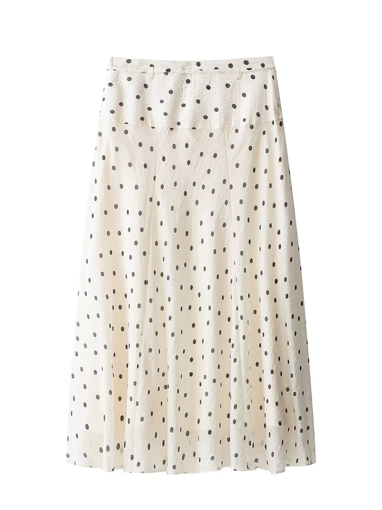 HH Women Summer Coastal Romantic Cream Polka Dot Skirt Spring High Waist Drawstring Flowy Maxi Lightweight Skirt For Vacation