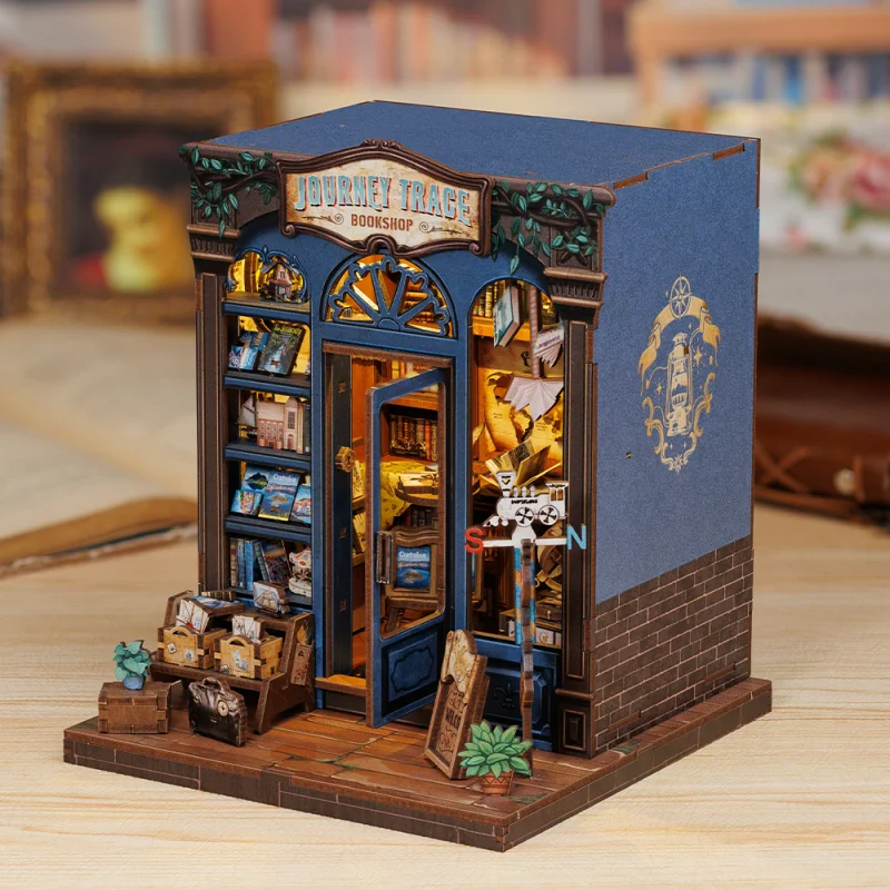 CUTEBEE DIY Booknook Kit Miniature Dollhouse with Light Bookshelf Insert Home Decor Wooden 3D Puzzle for Journey Trace Bookshop