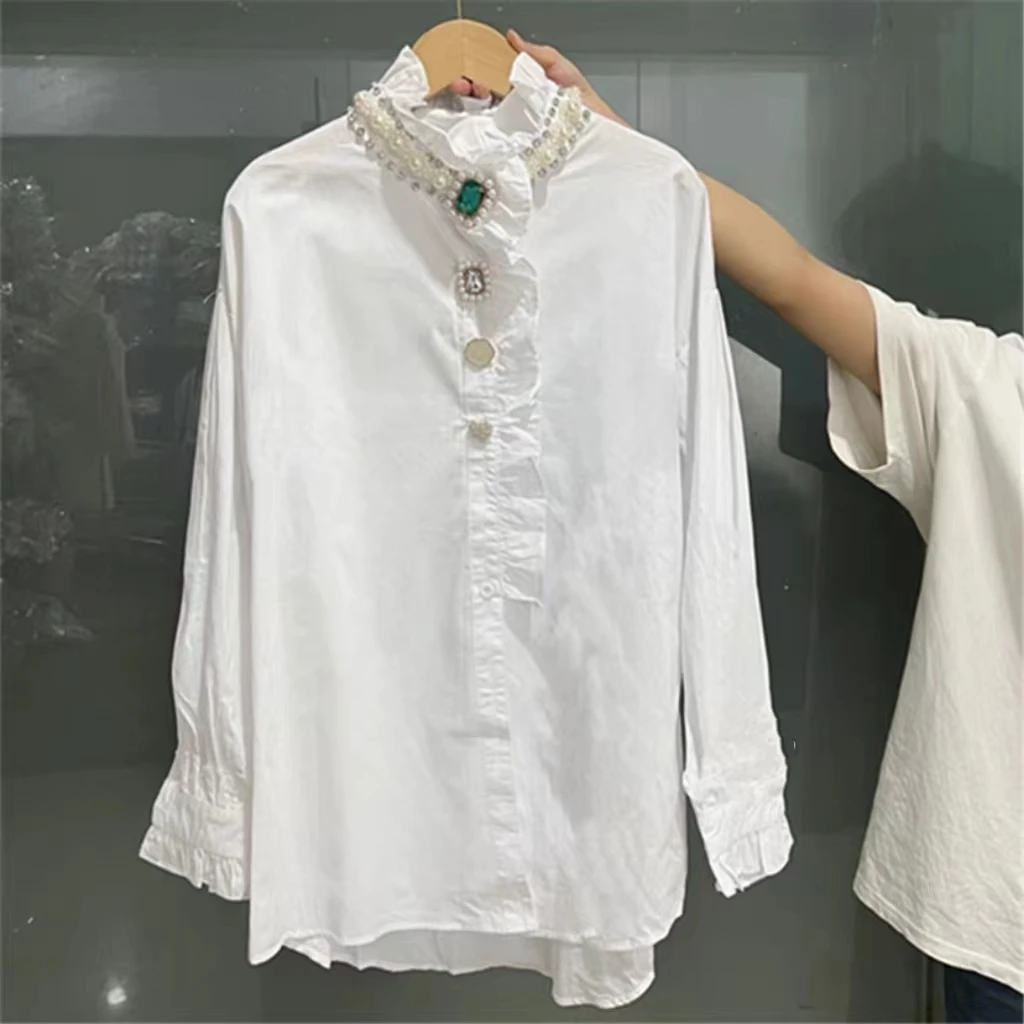 New In 2024 Autumn Office Lady Diamonds Stitch Cotton Shirts Blouses Women Long Sleeve Buttons Up Black White Top Woman Clothes