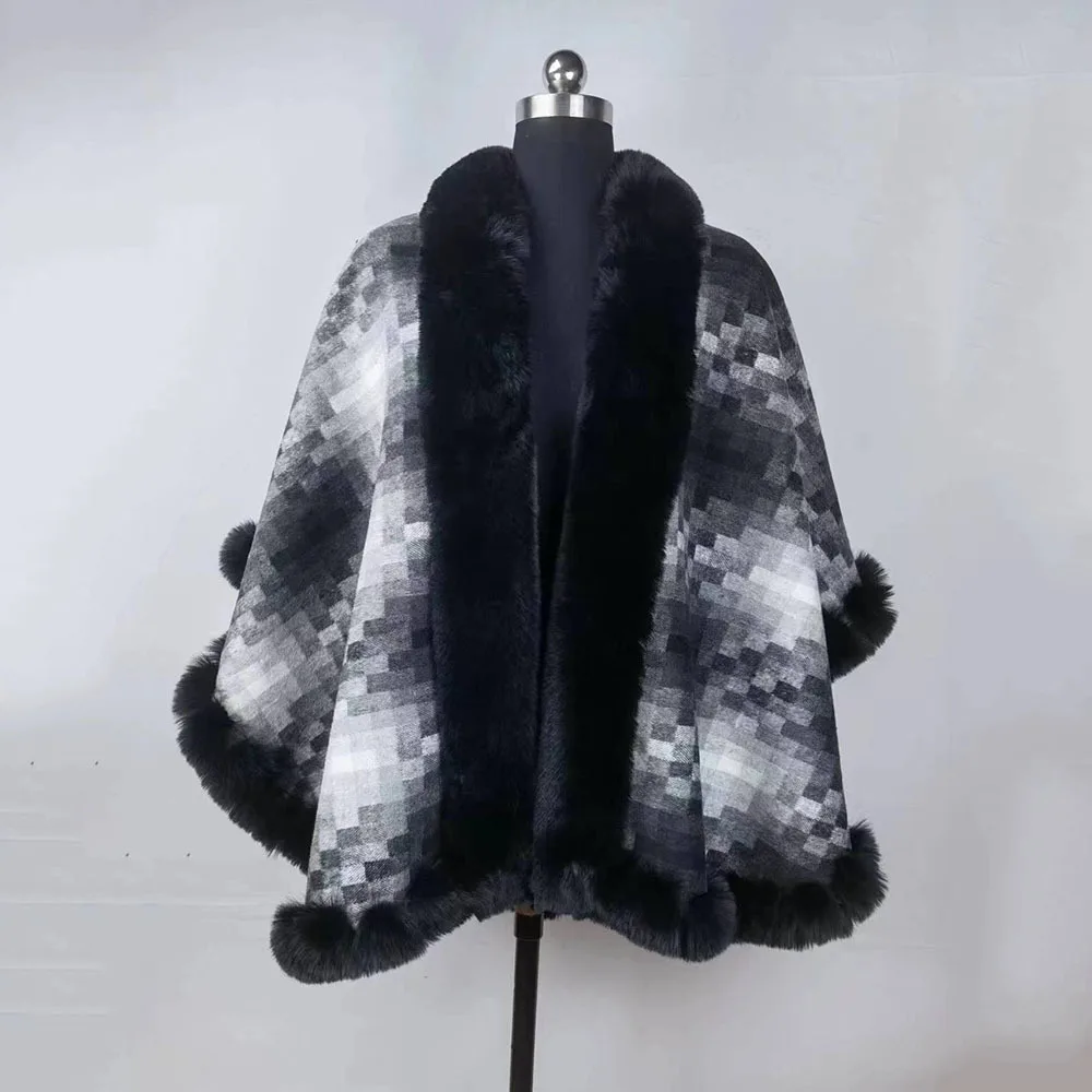 

Winter Elegant Loose Women's Poncho Capes Retro Faux Fur Thicken Warm Casual Plaid Shawl Cape Coats Ladies Oversize Cloak Shawls