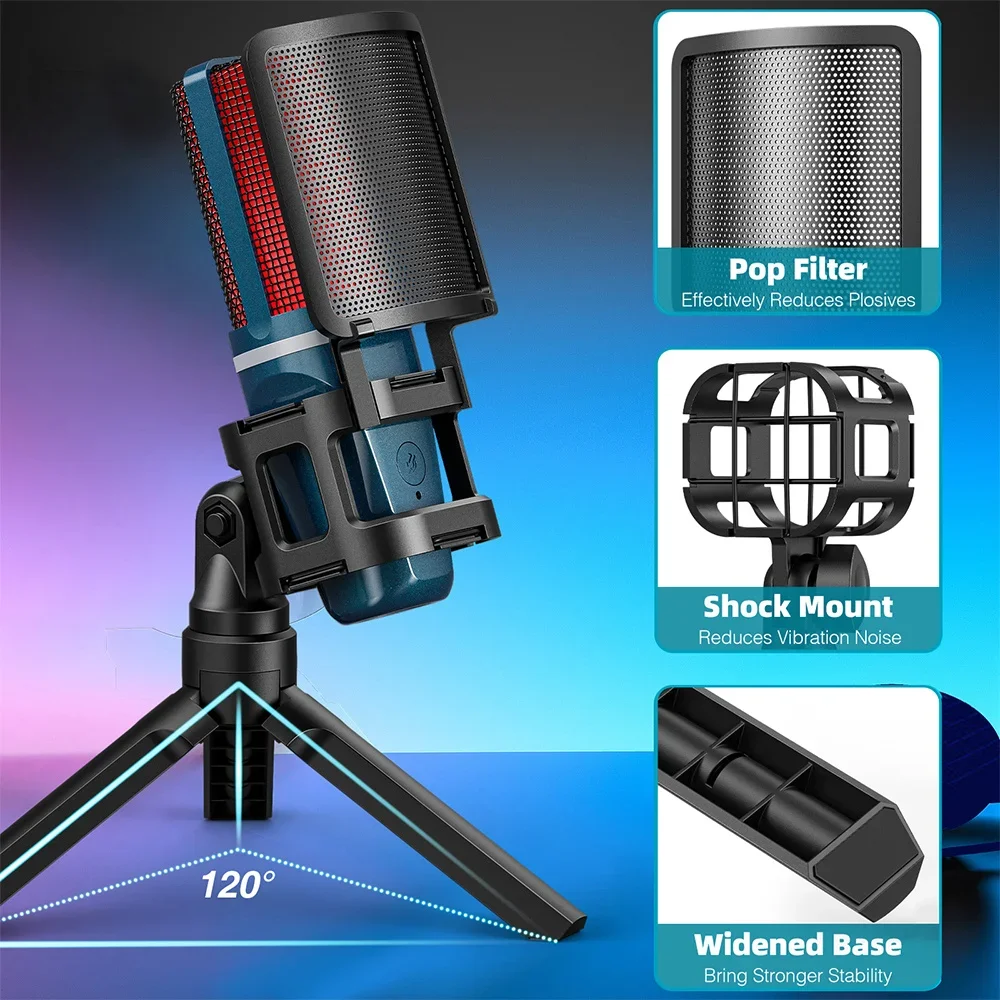 Microfone USB de transmissão 2025 Pro com botão de mudo rápido e batimento cardíaco Rgb - padrão cardióide e 24 bits/96 Khz para esportes
