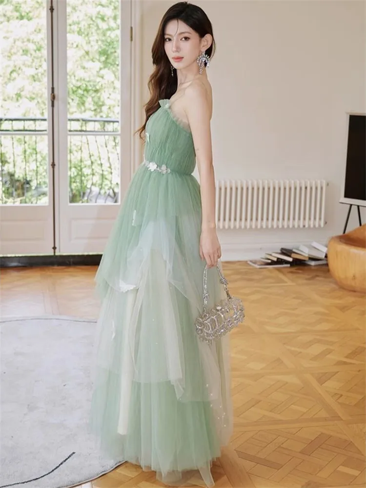 Dress Green Bow Patchwork Halter Long Skirt Temperament Evening Gown Women Clothing M027