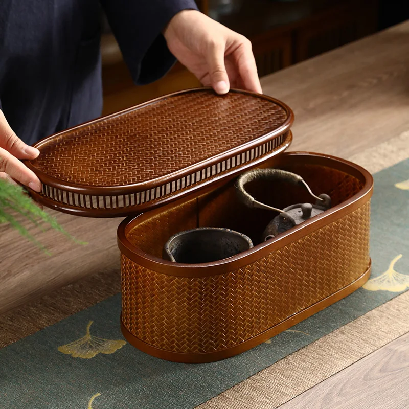 Bamboo Oval Tea Box Household Teaware Storage Bamboo Vintage Chinese Tea Ceremony Handwork Utility Box with Dustproof Cover New