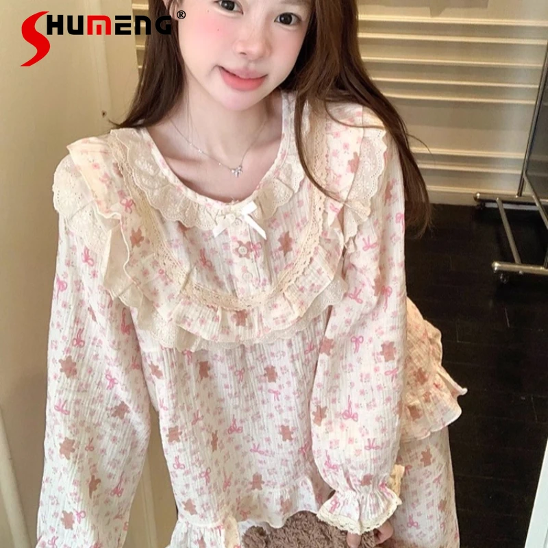 

Sweet Floral Pajamas for Women Autumn Winter Cute Bear Homewear Long Sleeve Set Female Cotton Gauze Lace Loungewear Suits