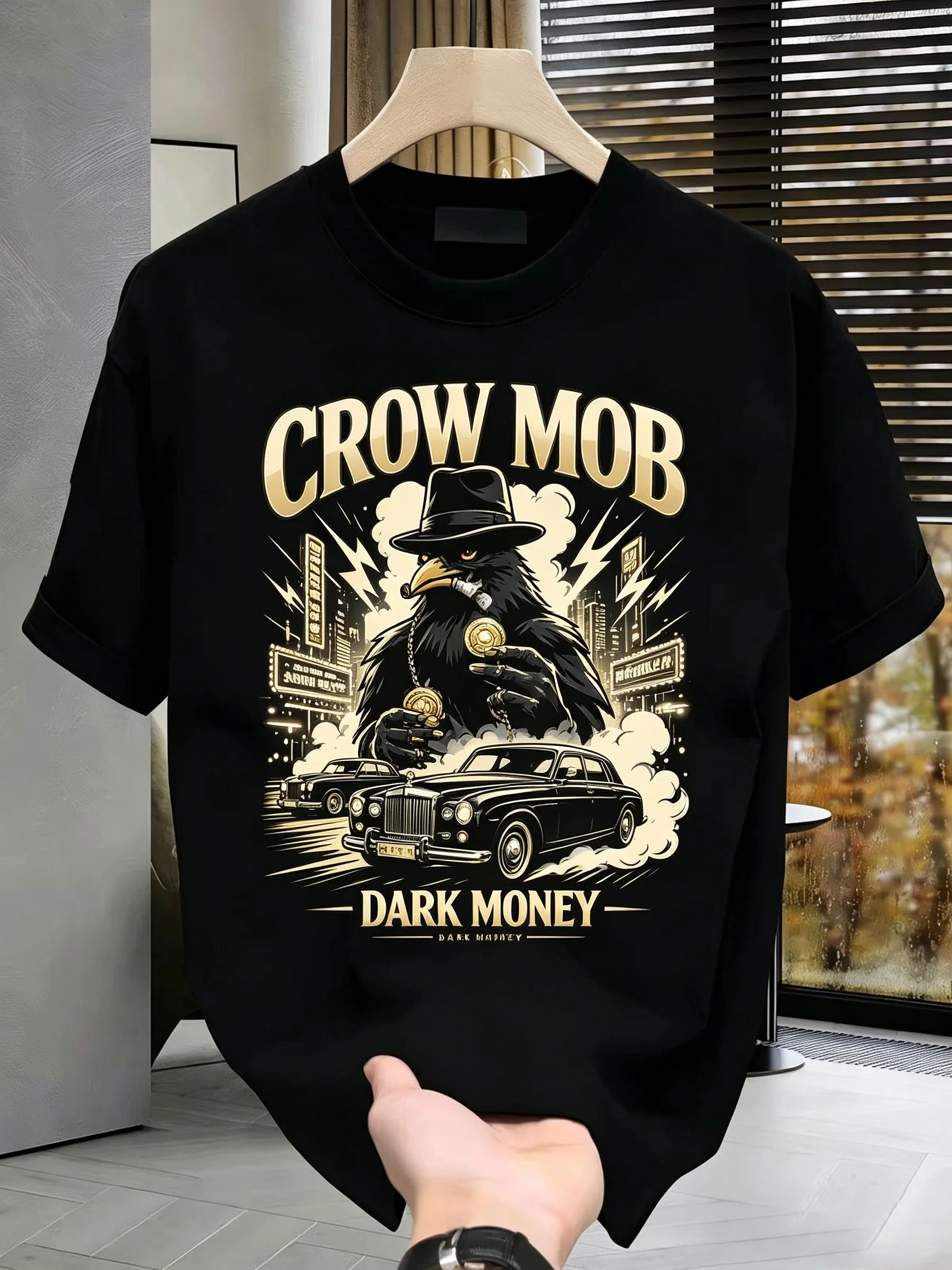Unisex CROW MOB Gangster Crow Vintage Luxury Car Graphic T Shirt Men Women Dark City Mafia Retro Short Sleeve Black Streetwear Tee