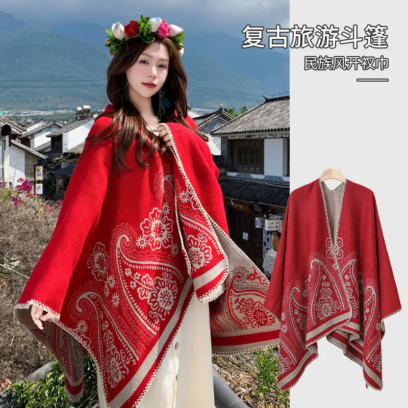 Fashionable Women's Scarf Shawl Vintage Nougat Patterned Woolen Warmth Cape Air Conditioning Blanket Floral Design Wrap