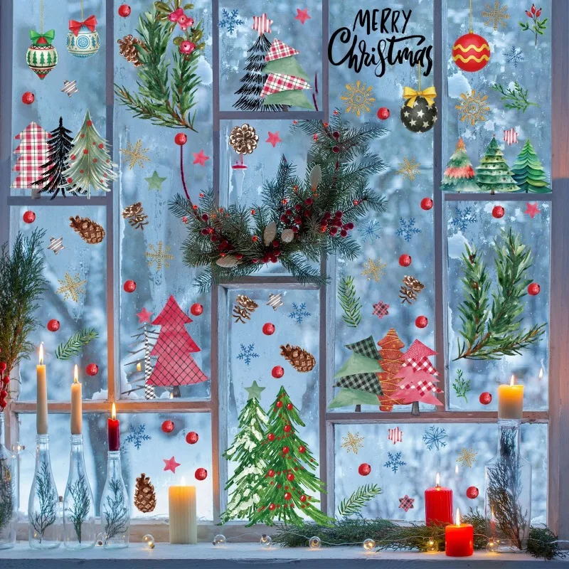 9 Stück Anzug Weihnachtsdekoration Aquarell Weihnachtsbaum Statische Fensteraufkleber Glastür Weihnachtsdekoration Selbstklebender Aufkleber