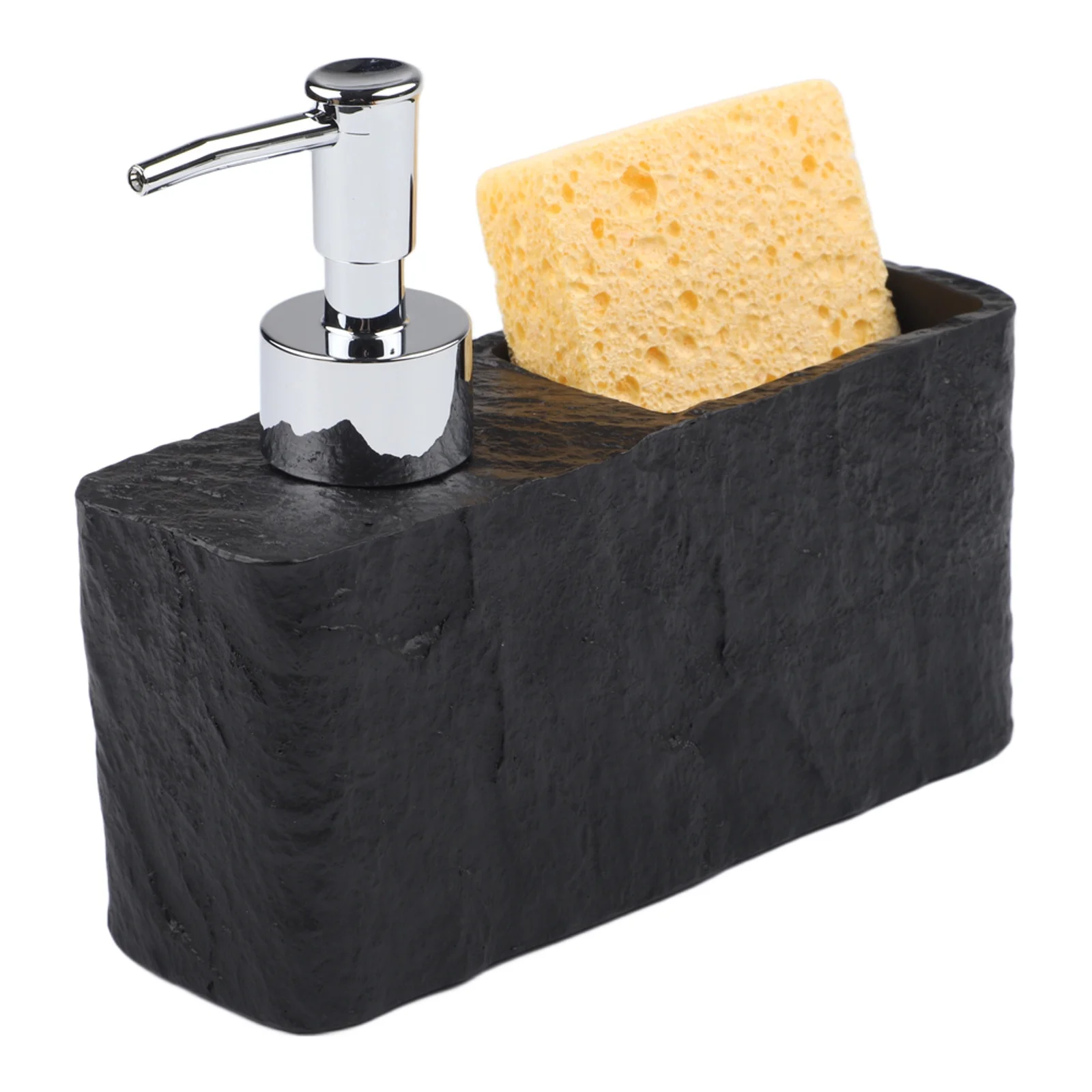 

Дозатор для мыла со встроенным держателем для губки для ванной или кухонной раковины, изготовлен из полимерной смолы для стабильной эксплуатации.