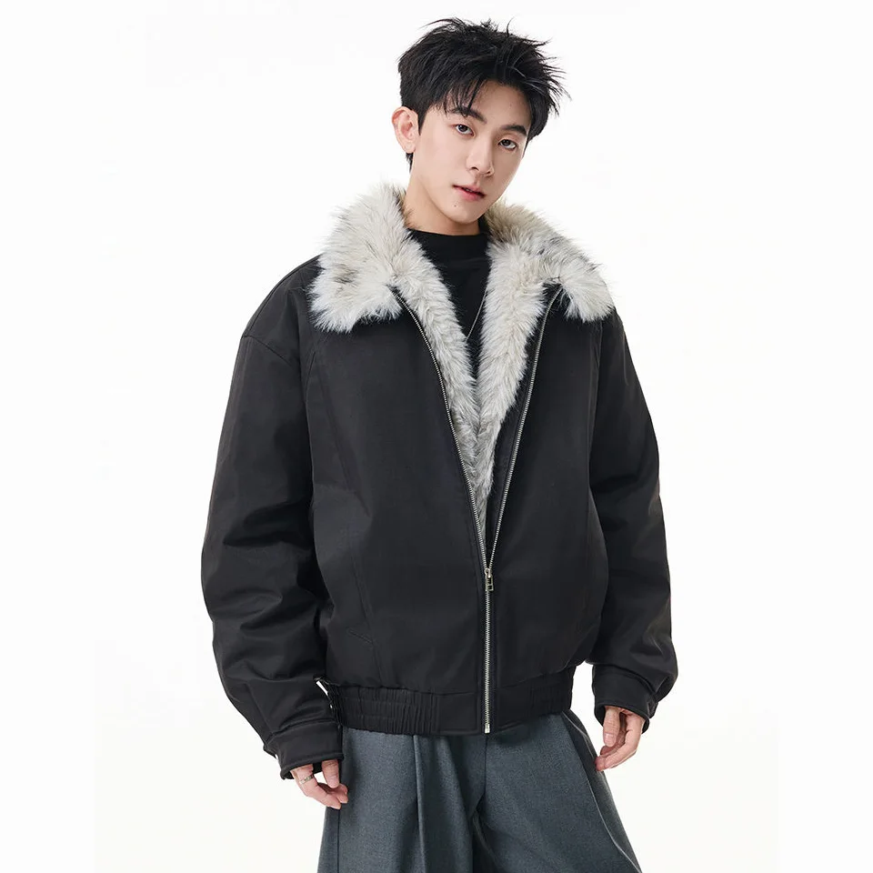 

Winter Faux Fur Liner Stand Collar Bomber Jacket Men Streetwear Loose Casual Fashion Short Parkas Jacket Women Thick Coat