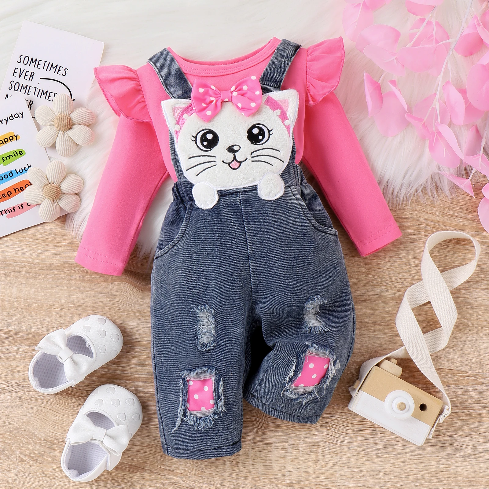 

PatPat 2pcs Baby Girls Ruffled Tshirt and 3D Cat Animal print Jeans Overall Set