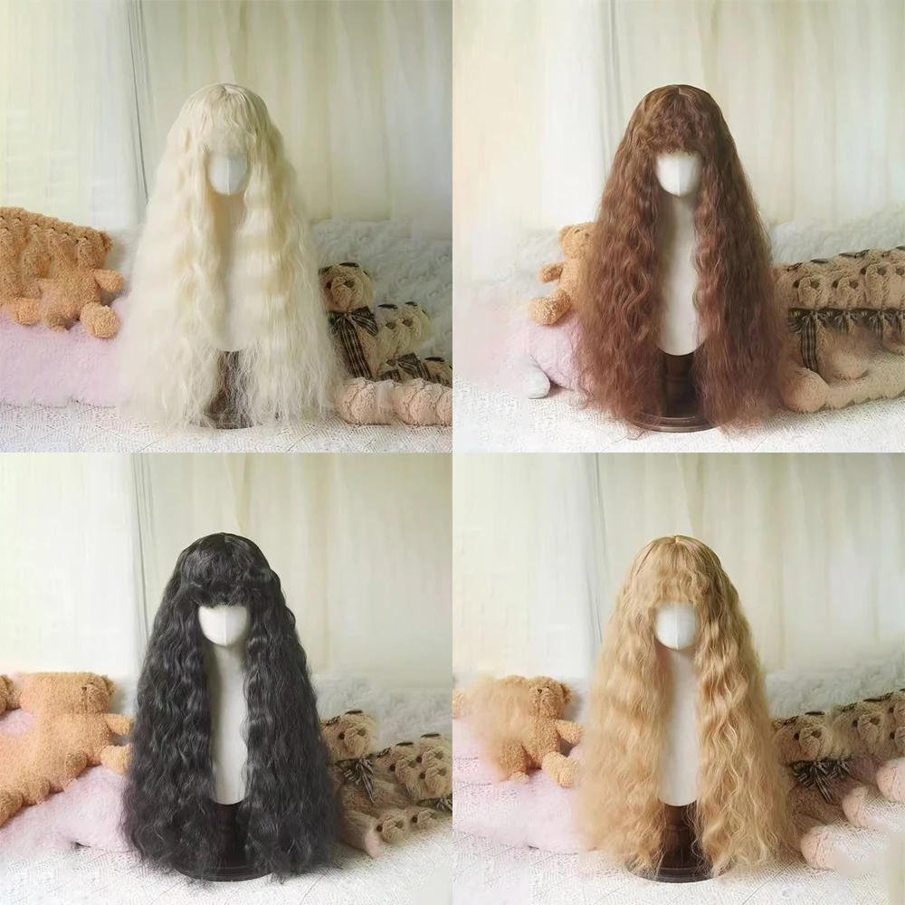 شعر صناعي مجعد صغير مموج 80 سم مع غرة، رقيق بشكل طبيعي، مناسب للحفلات اليومية للنساء، شعر مستعار لوليتا