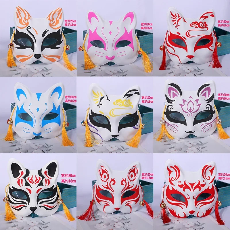 Topeng rubah Jepang Cosplay dilukis tangan Anime Demon Slayer setengah wajah topeng kucing Masquerade Festival pesta alat peraga Cosplay