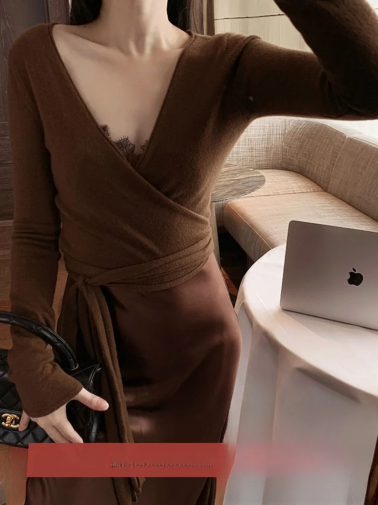 

Женский вязаный шерстяной свитер Lowey Balletcore с поясом, длинными рукавами, V-образным вырезом, стандартного кроя, для весеннего повседневного стиля, однотонный