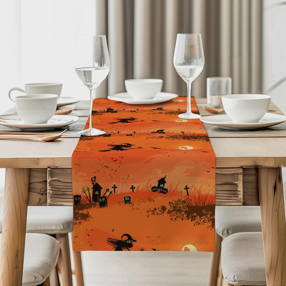 Halloween Witch Bat Table Runner Dining Table Cloth  Decor for Kitchen Holiday Party Table Runners Decoration for Home Kitchen