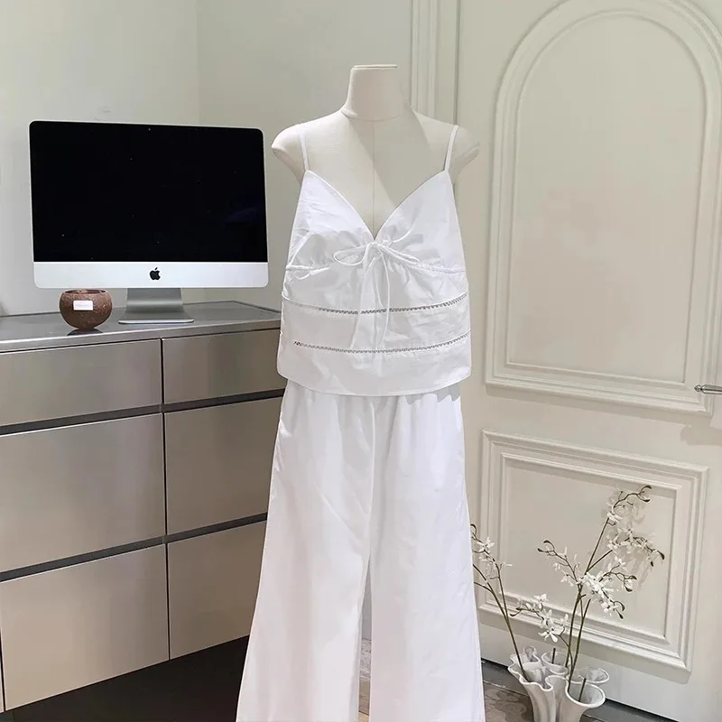 

Women Summer V-neck Spaghetti Strap Pajama Set Drawstring Hollow Camisole Loose Wide Leg Pants Casual Outfit Two Piece Suit