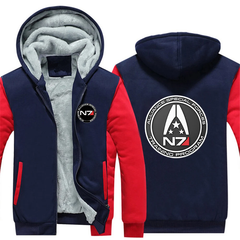 2024 Autumn Winter Men's N7 Mass Effect Logo Print Outdoor Popular Patchwork Long Sleeve Cold Prevention Warm Thickened Hoodies