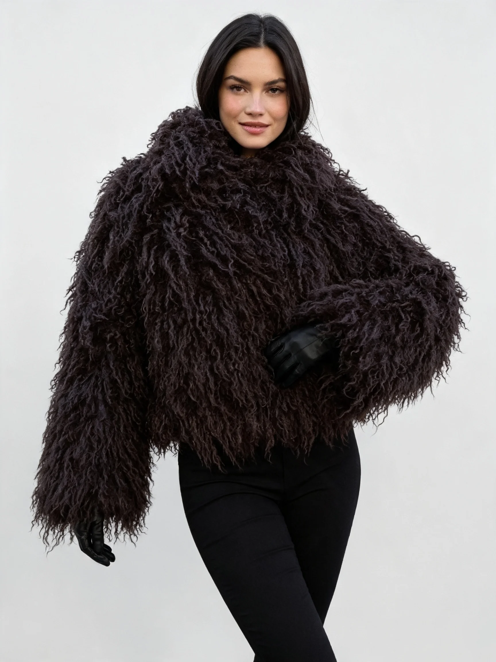 PUAL Women Shaggy Curly Faux Fur Jacket Oversized Fluffy Open Front Outerwear