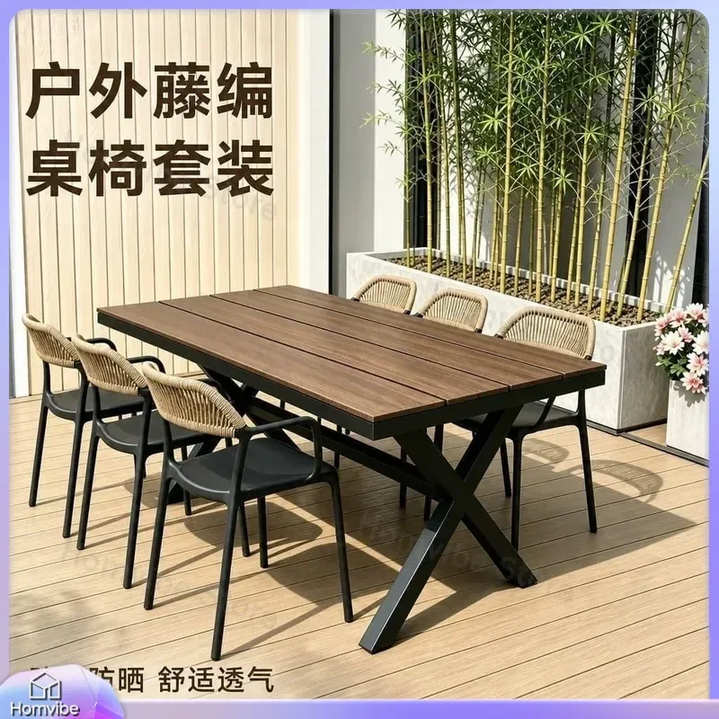 Outdoor Patio Furniture Set Waterproof Plastic Wood Dining Table and Chairs Anti Corrosive Braided Rope Chair for Balcony