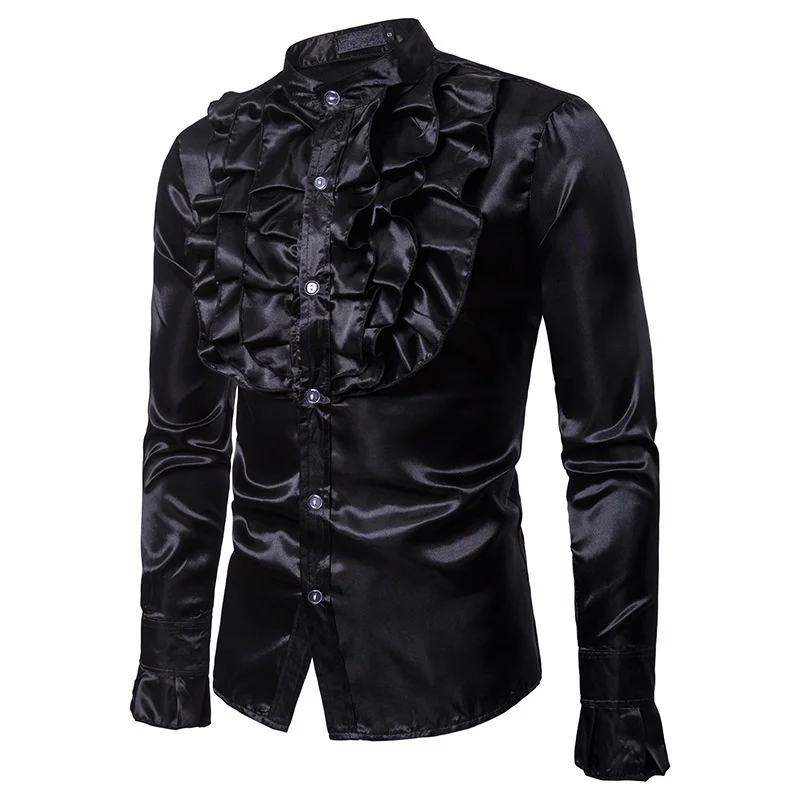 

Black Men Satin Shirt Victorian Ruffled Blouse Vintage Long Sleeve Wedding Tuxedo Shirt Button Slim Fit Party camisas masculina