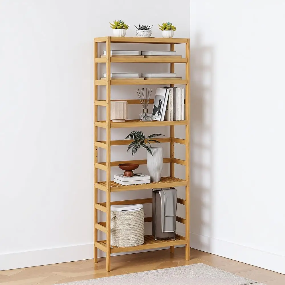 

Adjustable Bamboo Shel Stand Utility Storage Multifunctional Bathroom Kitchen Living Room Holder Plant Lower Stand (6-Tier)