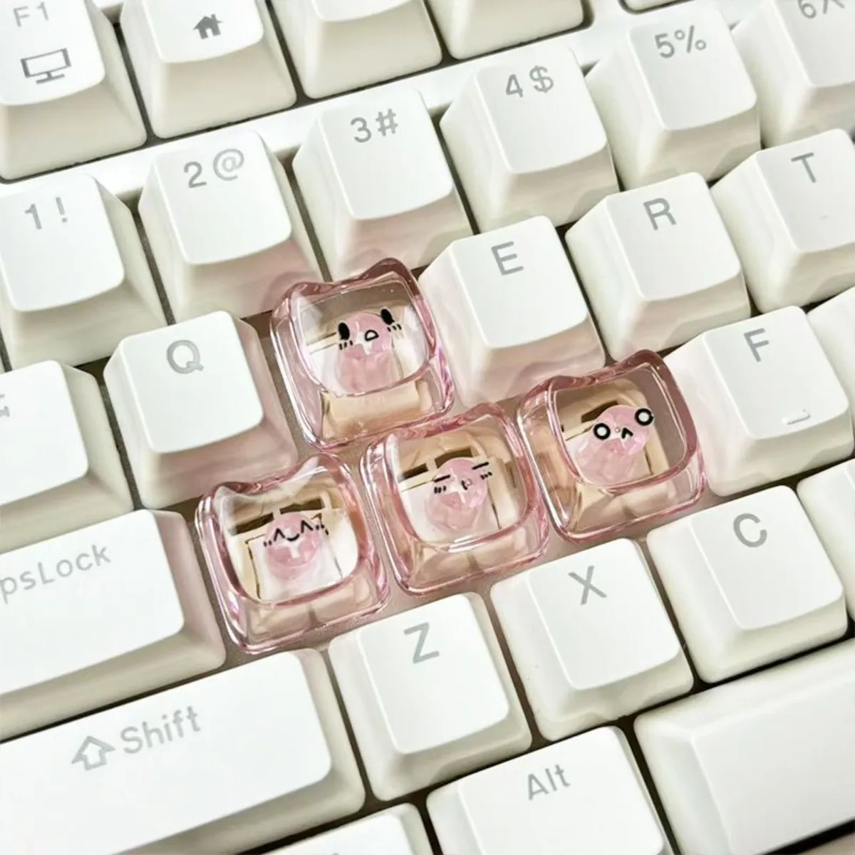 4Pcs Cute Cat Face PC Transparent WASD Keycaps Pink Blue Clear  MX Switch Mechanical Keyboard Gaming DIY Replacement Key Caps