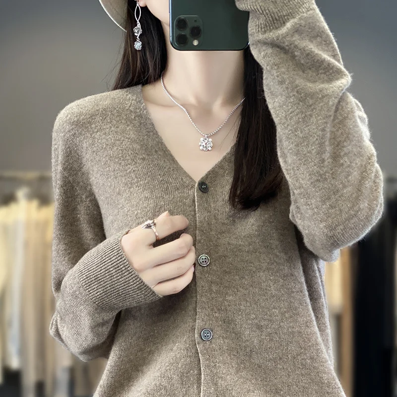 Primavera autunno scollo a v Cardigan lavorato a maglia di lana da donna sciolto maglione morbido di grandi dimensioni giacca tutto-fiammifero