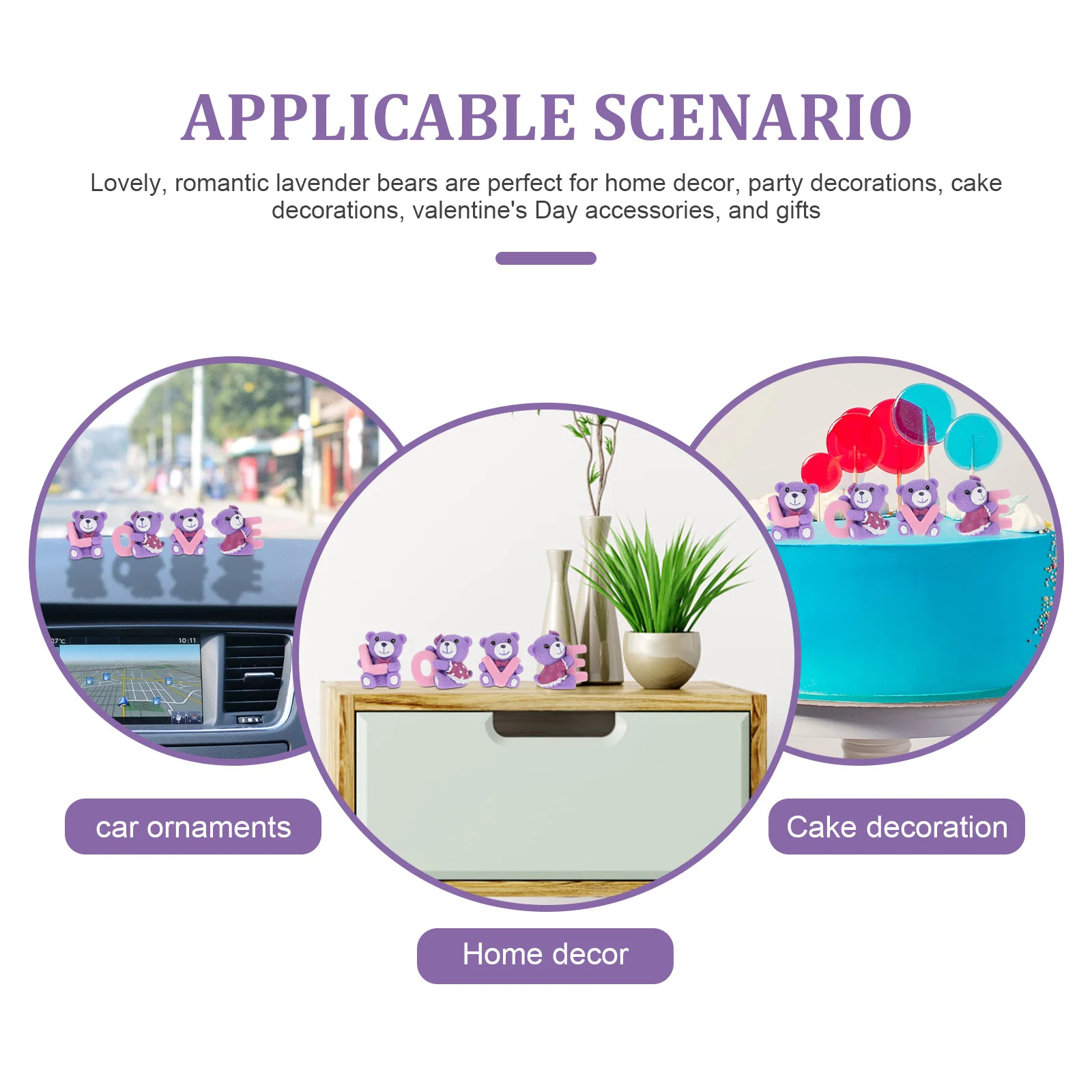 

4pcs Purple Bear Resin Ornament Love Shape Desktop Decor For Home Kitchen Living Room Valentine'S Day Gift Cake Topper