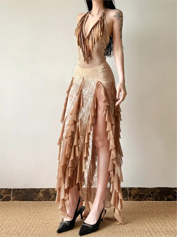 

A long dress with desert and style featuring ruffled fringes collared necklines split necklines