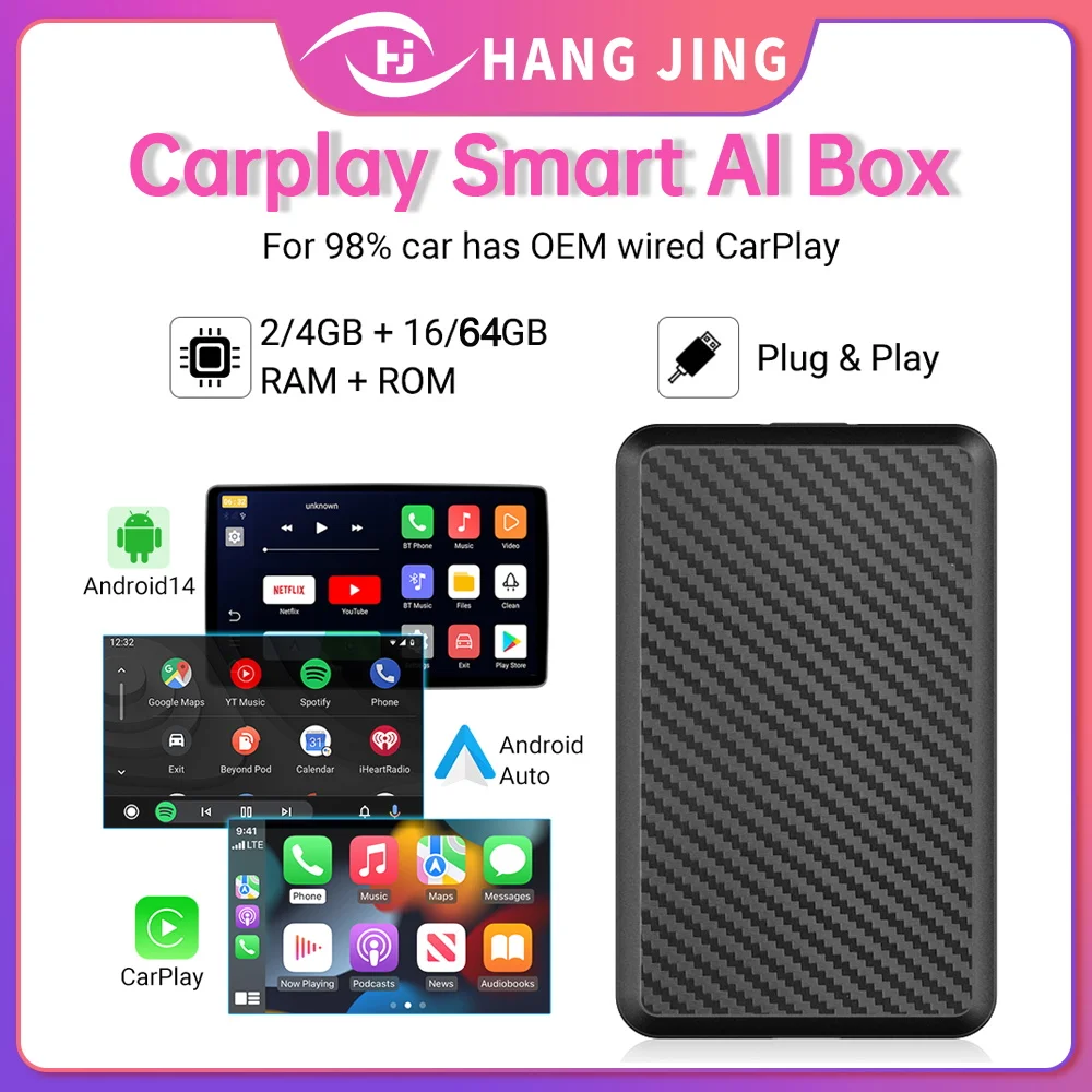 Android14.0 4+64G Carplay&Android Auto Mini Box Wired To Wireless Wifi Dongle Adapter USB Dongle Box Plug&Play Auto Connect AI