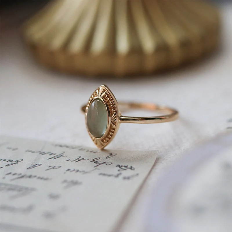 Foxanry Gold Color Ellipse Green Zircon Rings For Women Girls Vintage Exquisite Trendy Elegant Simple Anniversary Jewelry Gifts