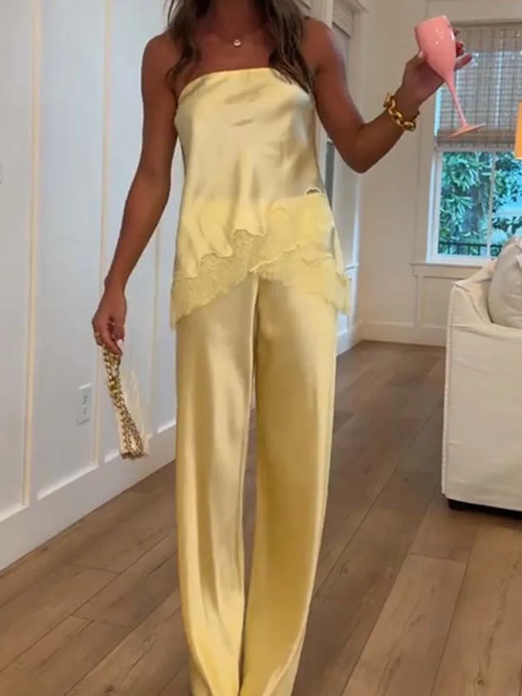 Women Sexy Sleeveless Solid Outfits Fashion Embroidery Patchwork Satin Solid 2Pc Suits Elegant Strapless Tops & Long Pant Sets