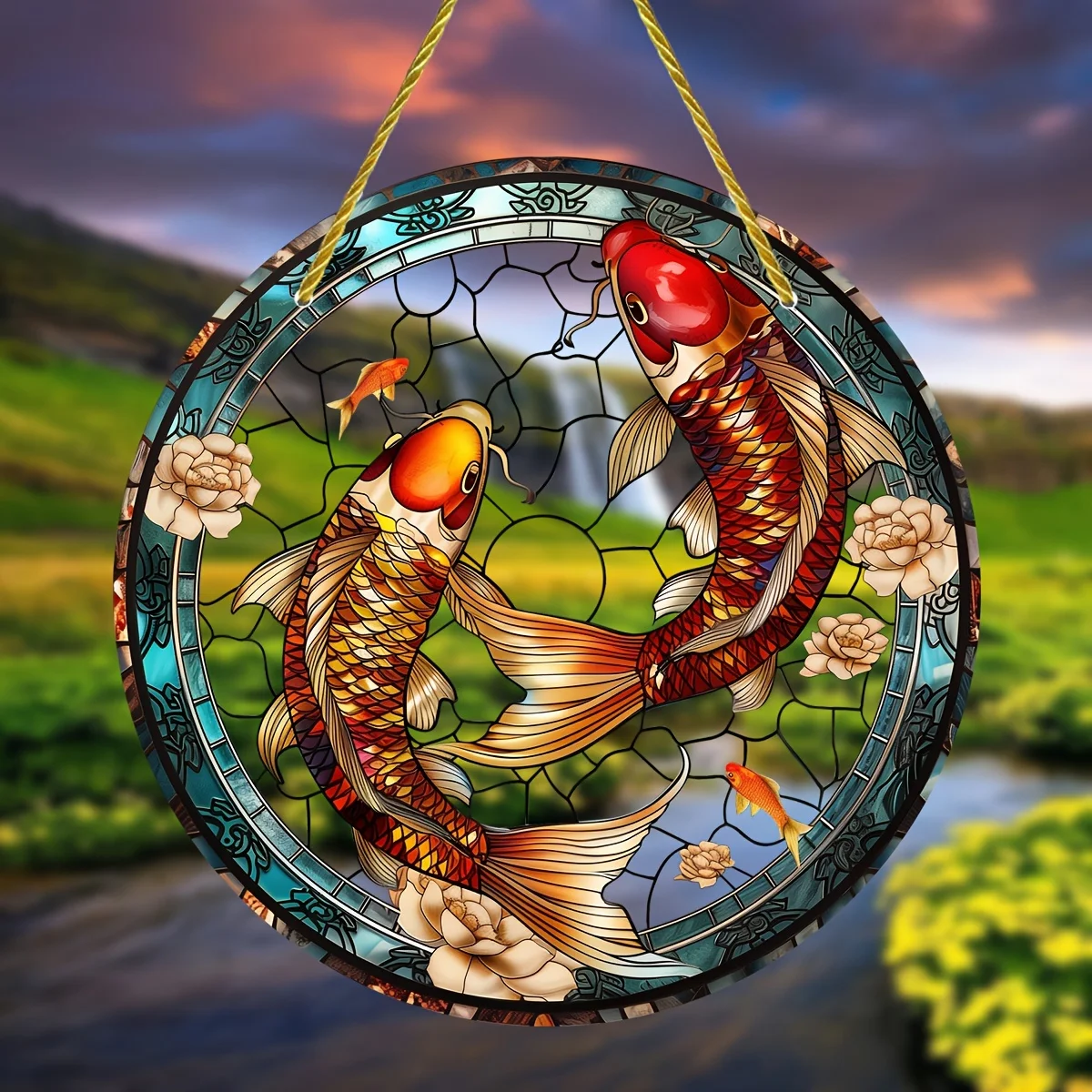 

Koi Fish Stained Glass Suncatcher,Round Acrylic Hanging Window Catcher for All Seasons,Home Decor,Birthday Gift for Friends