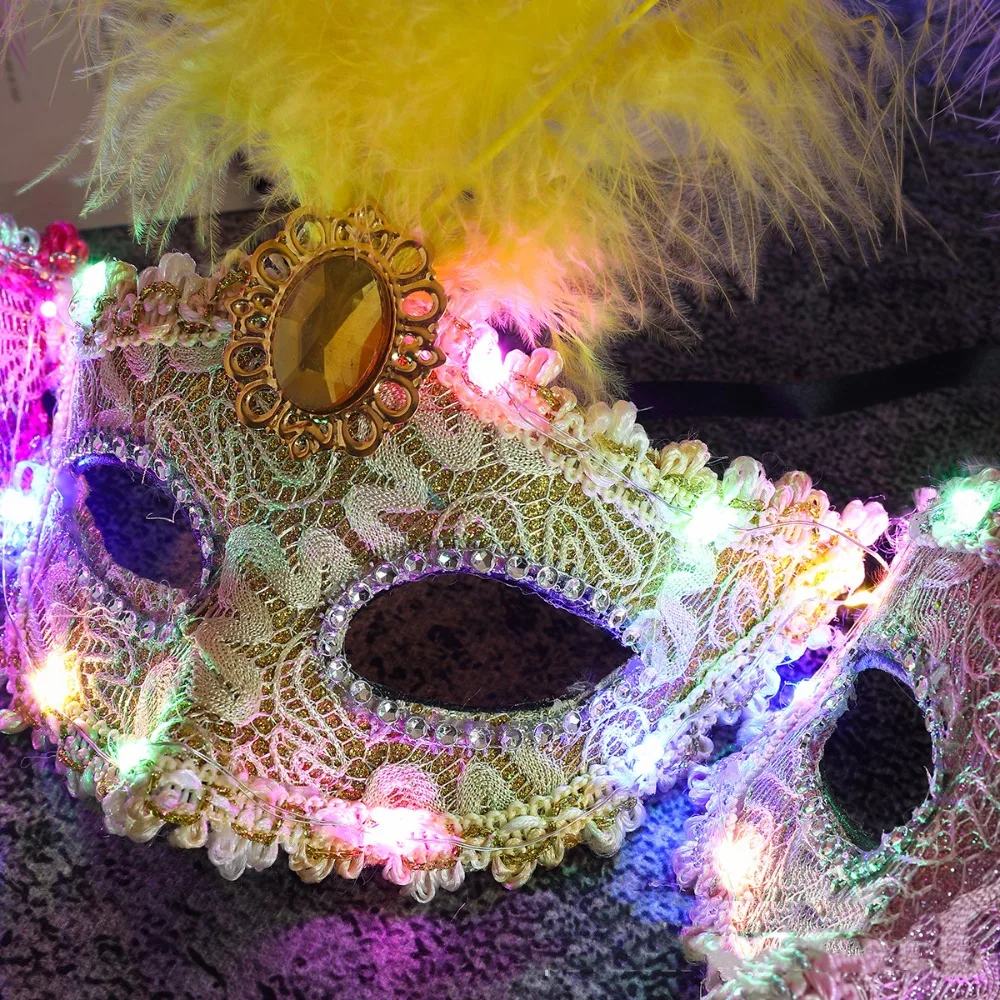 

Carnival Plastic LED Glowing Mask Lace Half Face Mask Feather Mask Makeup Rhinestone Venice Masquerade Mask Halloween