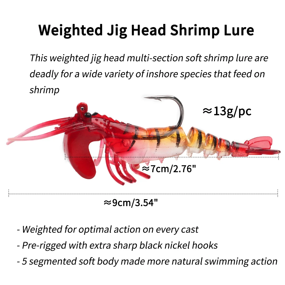 Elllv 9cm/13g Weighted Jig Head Shrimp Lure Multi-section Luminous Soft Prawns Sea Bass Pike Inshore Fishing Artificial Bait