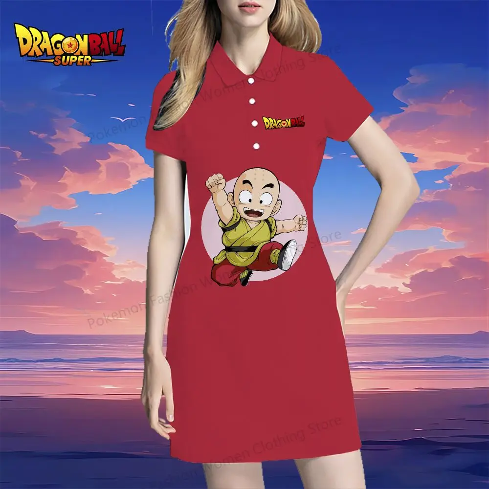 Women's Polo Shirt Dresses Dragon Ball Kakarotto Summer S-2XL V Neck Kawaii 2024 Y2k Street Wear Youthful Woman Clothes Dress