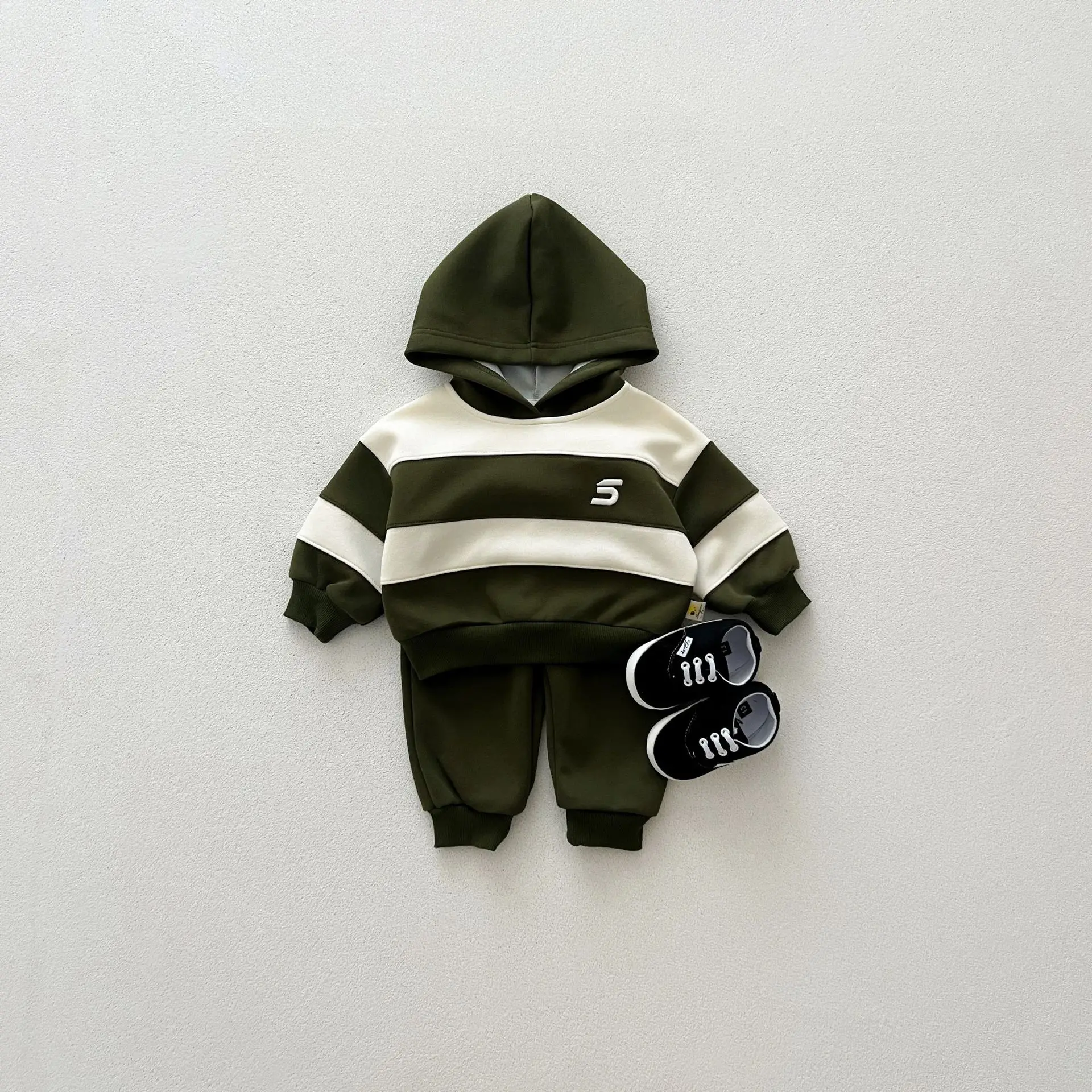 Childrens Baby Boys Autumn Handsome Two-piece Set Sports Casual Striped Hoodies Solid Cotton Pants Suit Toddler Boys Outfit