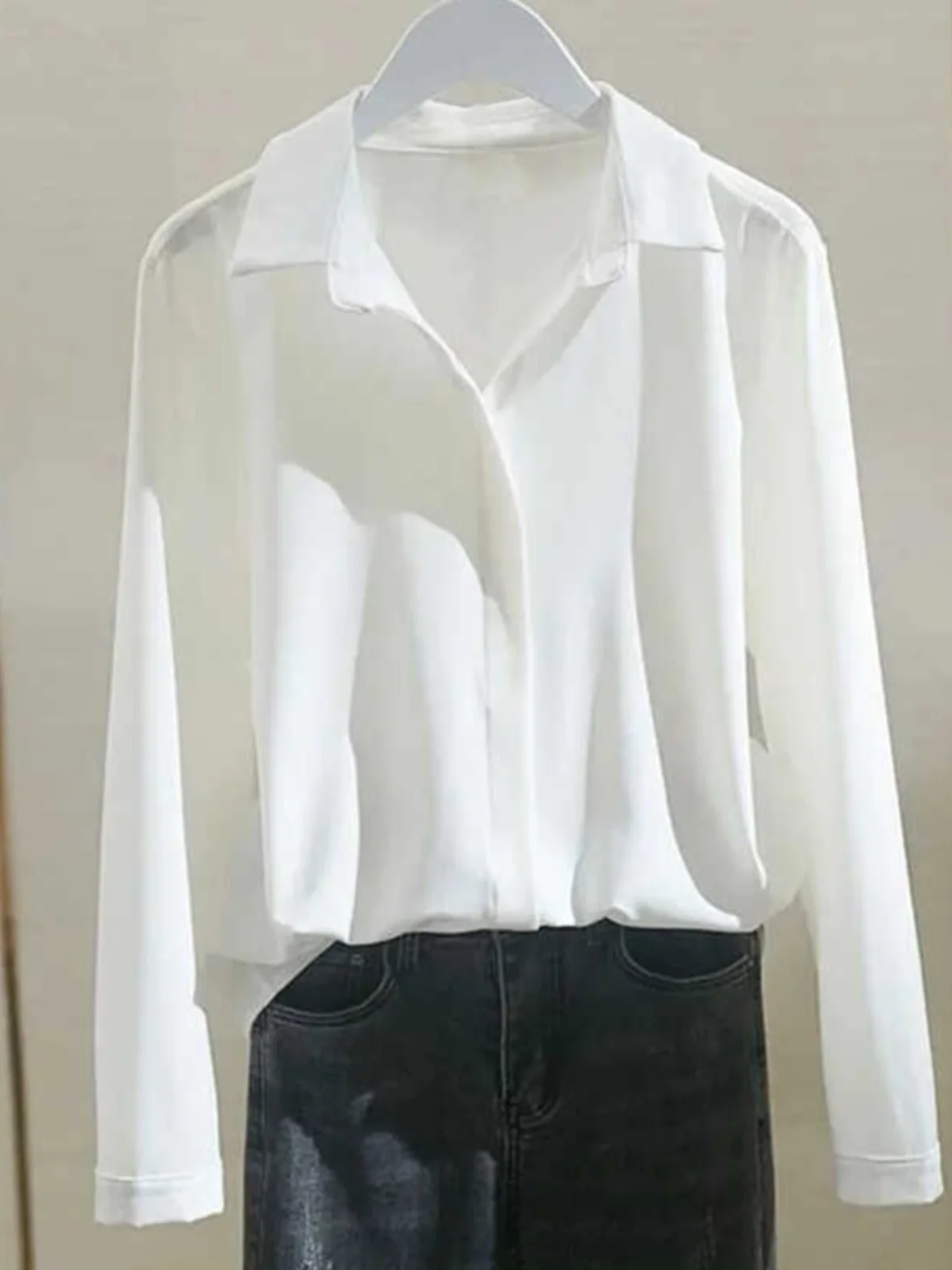Professional Long Sleeve Shirt Women's Beige Versatile Business OL Office Workwear Button up Polyester Fiber Regular Fit