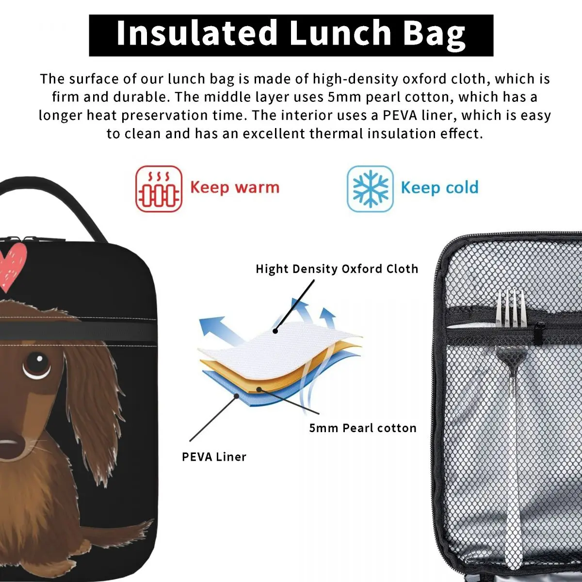 Cute Dog Longhaired Chocolate Dachshund Wiener Dog With Heart Insulated Lunch Bag Leakproof Food Boxes Thermal Lunch Box Tote