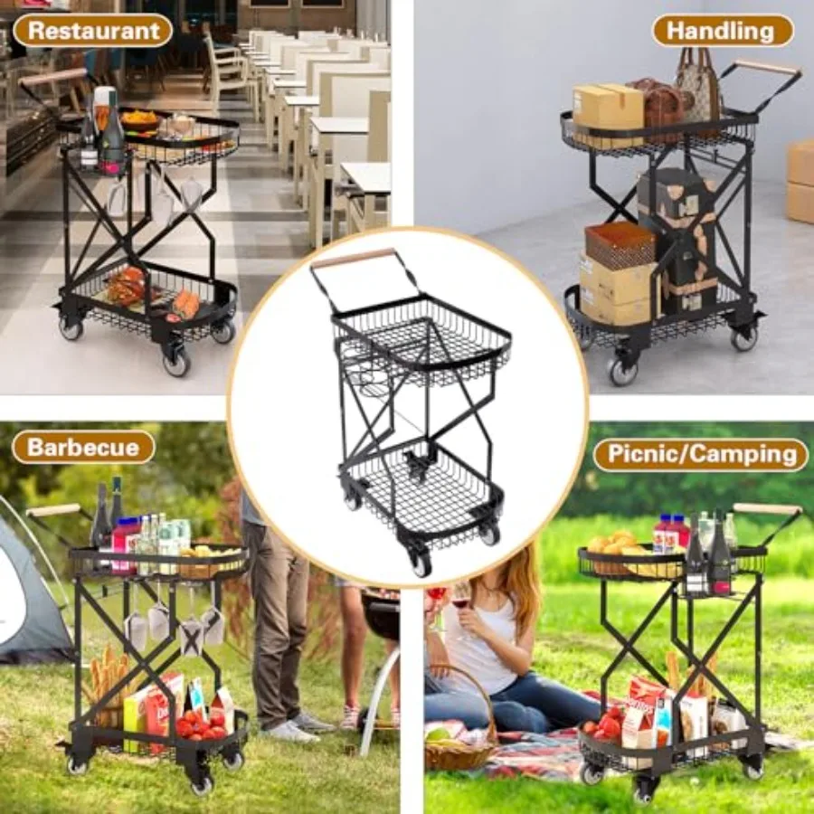 Chariot de courses pliable à 2 niveaux pour épicerie, avec roues pivotantes à 360 degrés, robuste, multifonction, pliable