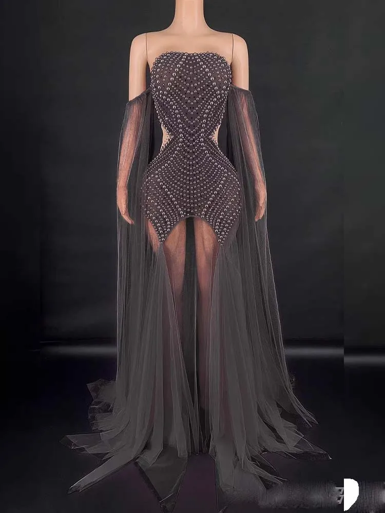 High Quality Hot Rolled Pearl Sexy Mesh Spliced Pearl Strapless Dress 2025 New Fashion Custom Women'S Clothing