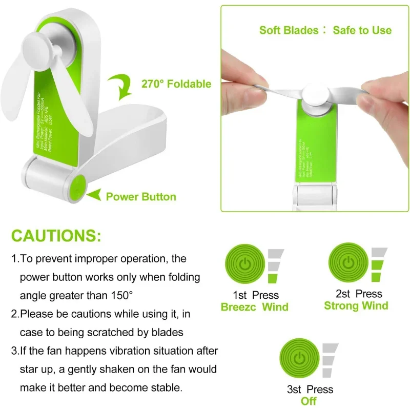 3 Pack Portable Pocket Fans Handheld Mini Fan Portable Foldable Fan Personal Travel Fan Hand Fan Summer USB Rechargeable Desk Fa